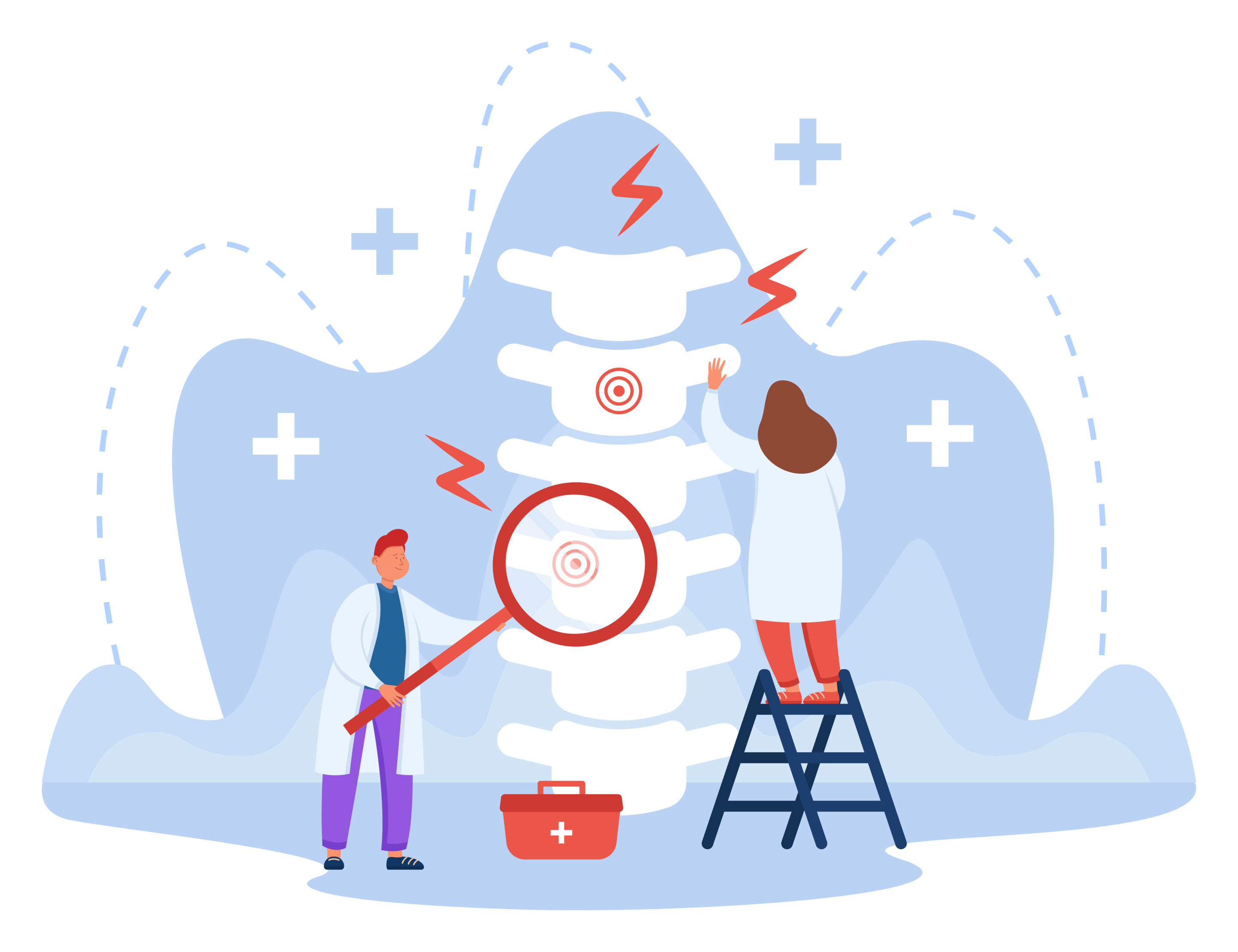 Tiny doctors examining spine bones of patient